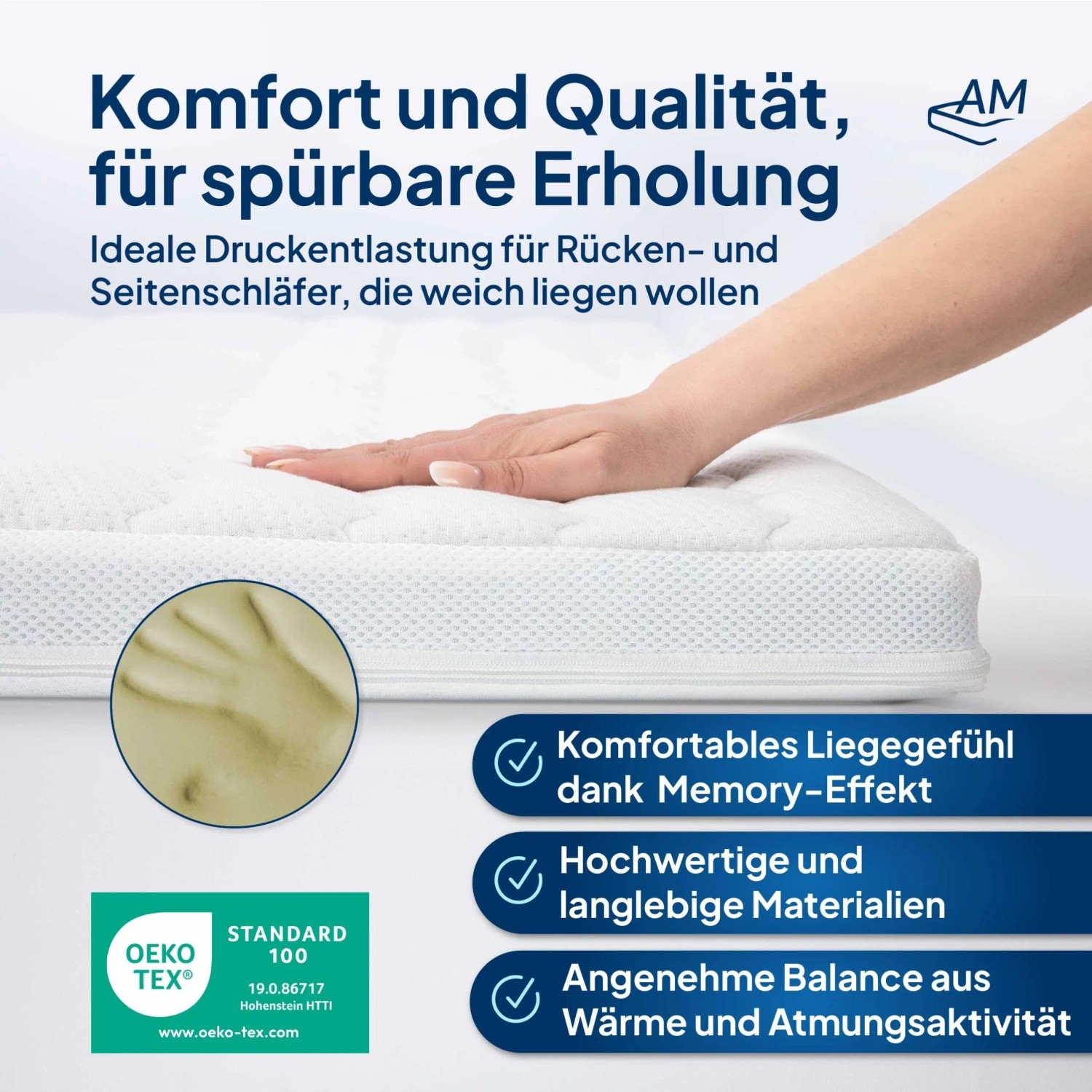 AM Premium Visco Topper 180x220: Druckentlastung für erholsamen Schlaf auf der Matratze.