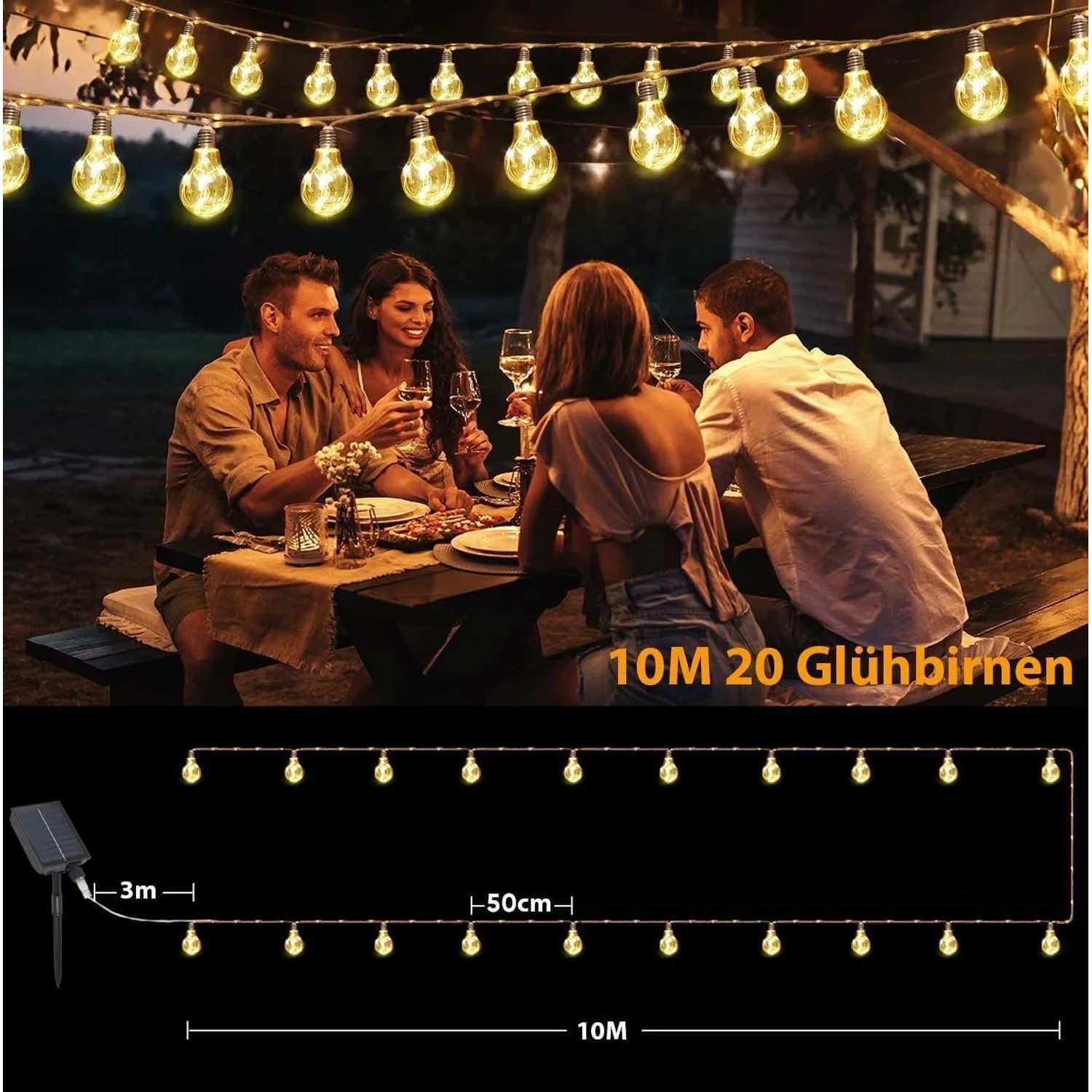 Salcar 10M LED Solar-Lichterkette mit warmweißen Glühbirnen beleuchtet eine gemütliche Gartenparty im Außenbereich.