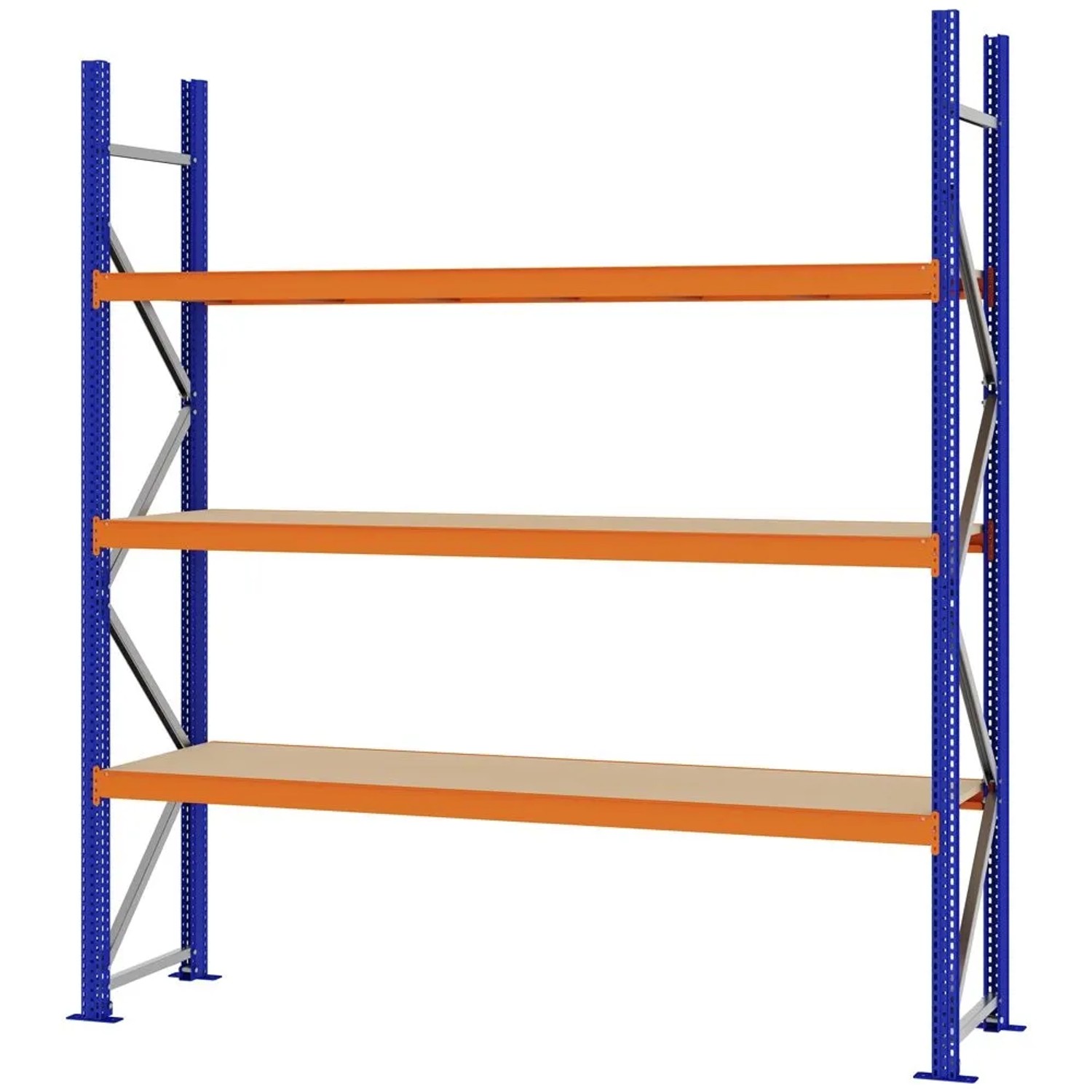 PROREGAL Weitspannregal Schraub-Stecksystem MAGNUS PRO Made In Germany Grundregal 250x225x50cm 3 Ebenen Spanplattenböden Fachlast 520kg Blau/Orange