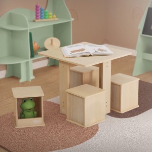 Joyz Kindersitzgruppe aus Holz mit Tisch und 4 Hockern. Stauraum in den Hockern.