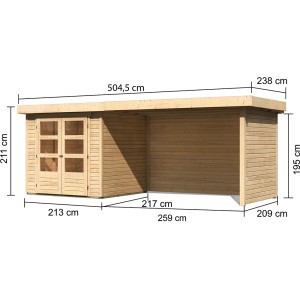 Karibu Holz-Gartenhaus Boras, unbehandelt, mit Maßangaben. Gartenhaus mit Anbau und Doppeltür.