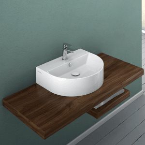 Domberg Waschbecken DB2002, 50 cm, weiß, Slimline-Design mit Armatur auf Holzplatte.