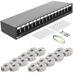 Schwarzes hb-digital Patch Panel mit 16 Ports und 16 Cat 7 Keystone Modulen für Netzwerktechnik.