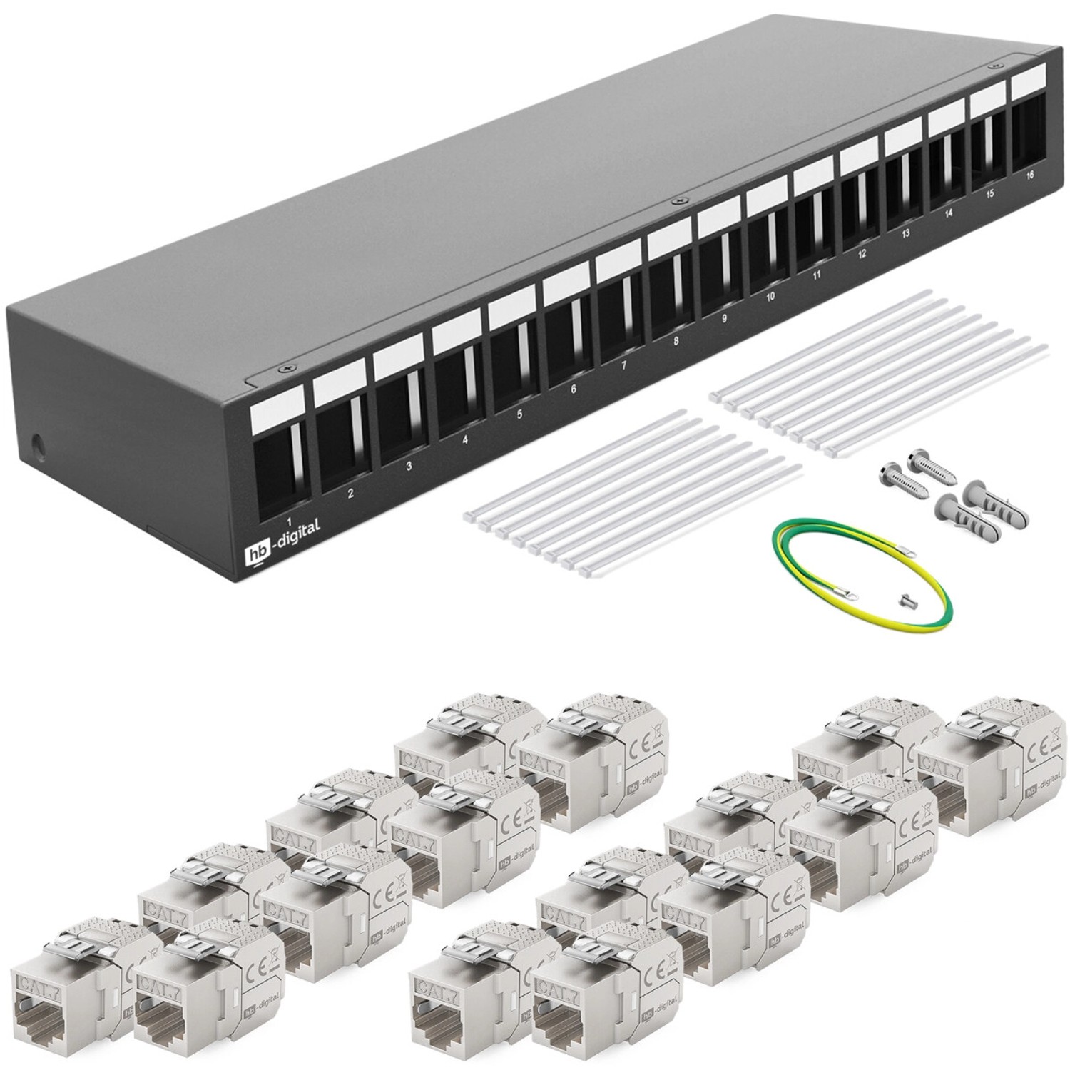 hb-digital Patch Panel 16 Port mit 16x Keystone Module Cat 7 Schwarz