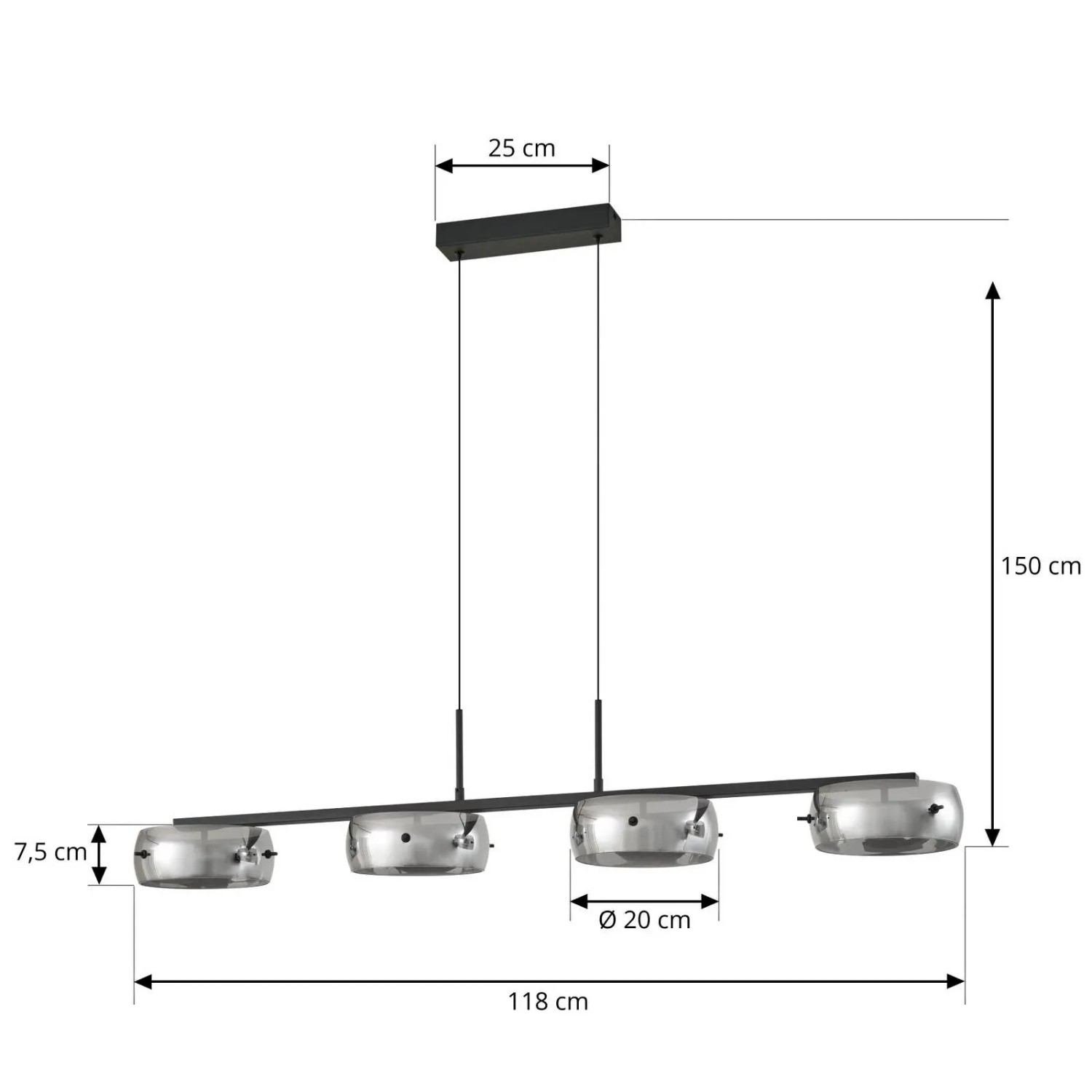 Moderne, dimmbare LED Pendelleuchte Martis, 4-flammig, schwarz, aus Glas für Wohnzimmer.