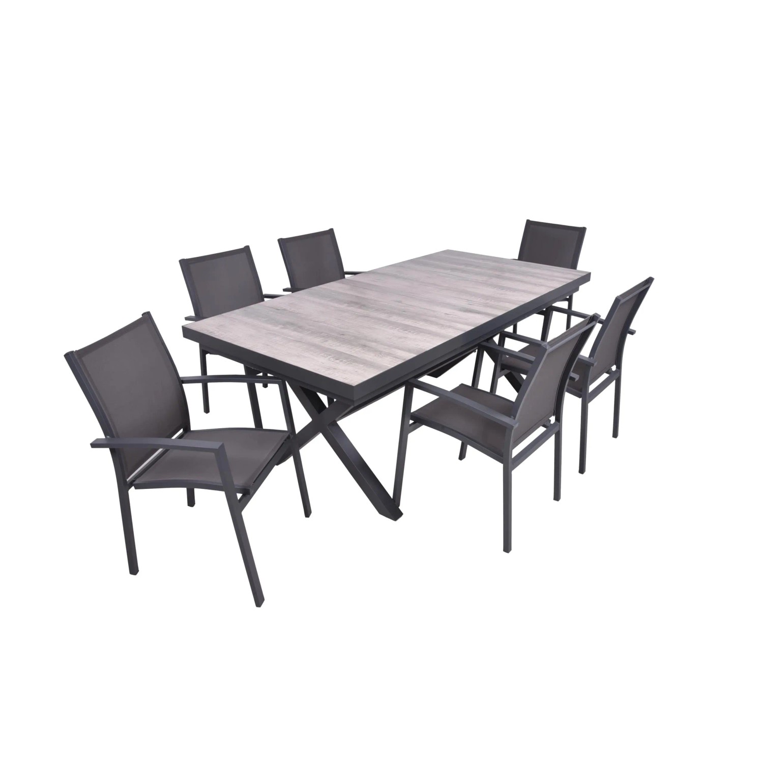 DELUKE Garten-Sitzgruppe JANA 7-tlg. Alu-Keramik Eiche-Optik Grau Gartenmöbel-Set Garten-Essgruppe Stapelstühle D Esstisch