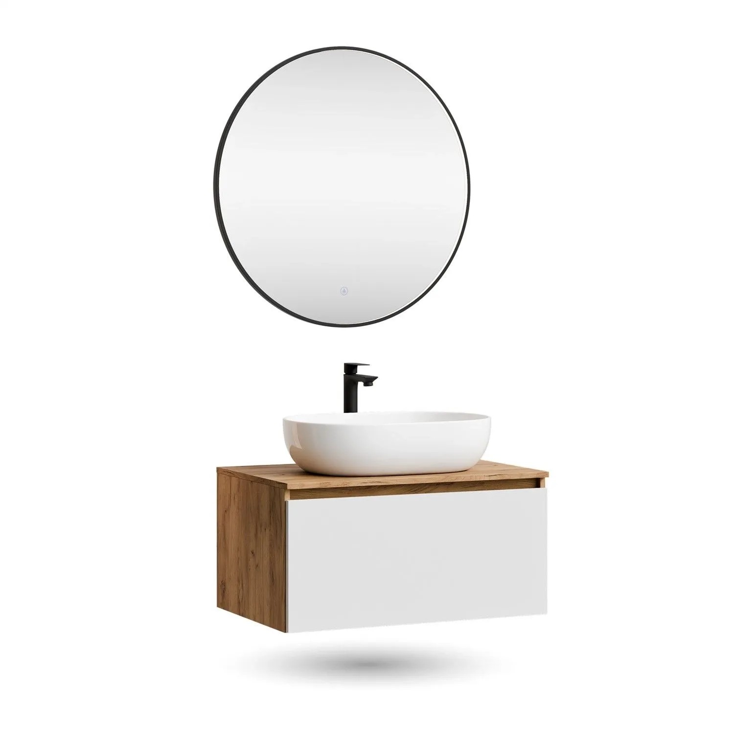 Planetmöbel ARISA Badmöbel Set 80 cm Weiß Soft Close mit Veluna LED Spiegel 80 cm und Keramik Aufsatzwaschbecken Weiß 60 cm
