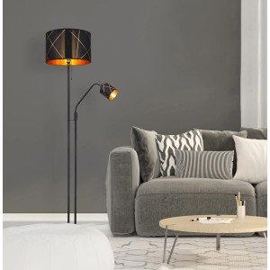 Schwarze Globo Stehleuchte Bemmo mit goldfarbener Innenseite und Leselampe.