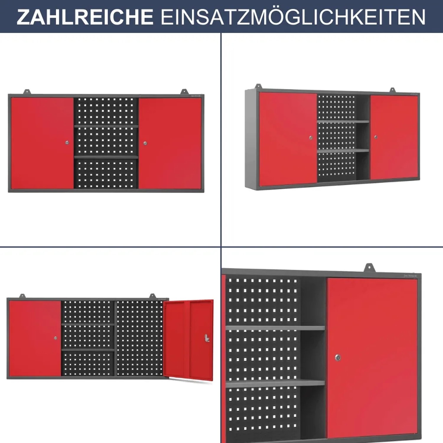 DELUKE Hängeschrank Werkstatt, abschließbar, anthrazit-rot, mit Lochwand und Regalfächern.