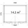 Grundriss Palmako Gartenhaus Claudia 450x330 cm: Abmessungen und Fläche (14,2 m²).