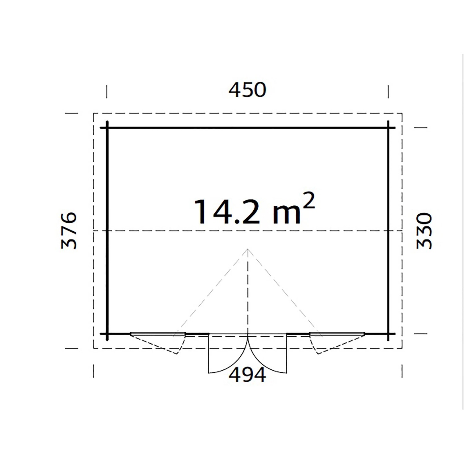 Grundriss Palmako Gartenhaus Claudia 450x330 cm: Abmessungen und Fläche (14,2 m²).