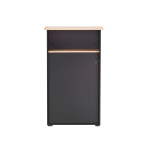 PROREGAL Empfangstheke in Eiche & Schwarz, 111x66x44cm mit Fächern und Tür.