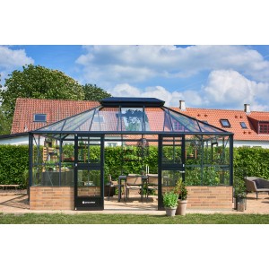 Juliana Gewächshaus Grand Oase Mauer 18 Anthrazit mit Glas und Aluminiumrahmen.