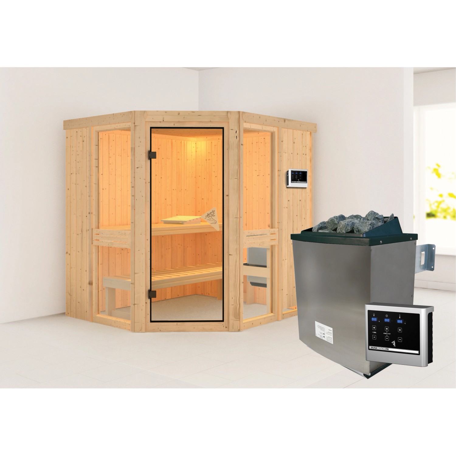 Karibu Sauna Anina 1 Edelstahlmit Ofen externe Stg.Natur günstig online kaufen