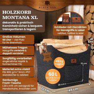 BLACK OAK Holzkorb MONTANA XL 60L Anthrazit aus Filz mit Echtleder Applikationen – Kaminholzkorb mit Griffen für Brennholz Innenbereich