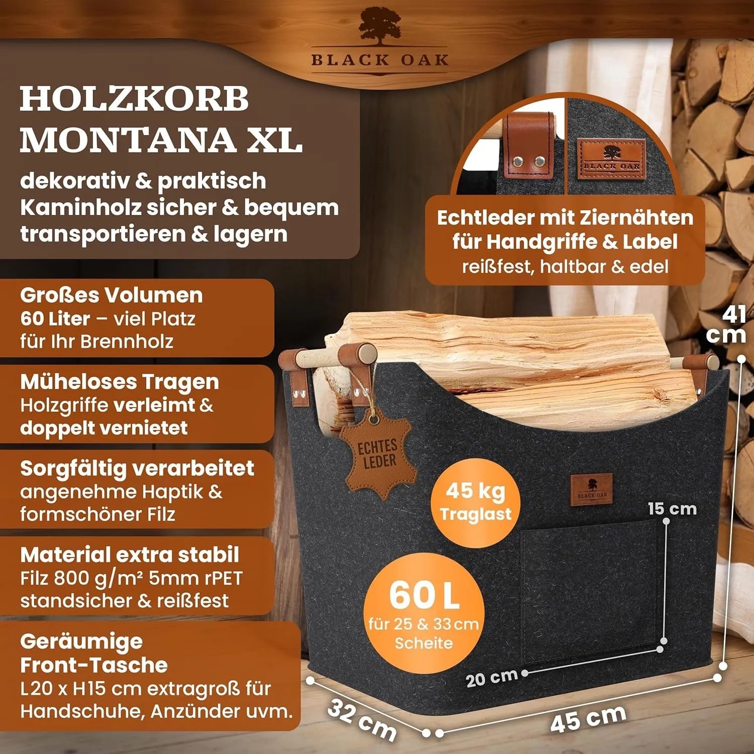 BLACK OAK Holzkorb MONTANA XL 60L Anthrazit aus Filz mit Echtleder Applikationen – Kaminholzkorb mit Griffen für Brennholz Innenbereich_2