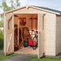 Unbehandeltes Weka Holz-Gartenhaus Parma mit Satteldach, 254x217 cm, mit geöffneten Türen und Gartengeräten.