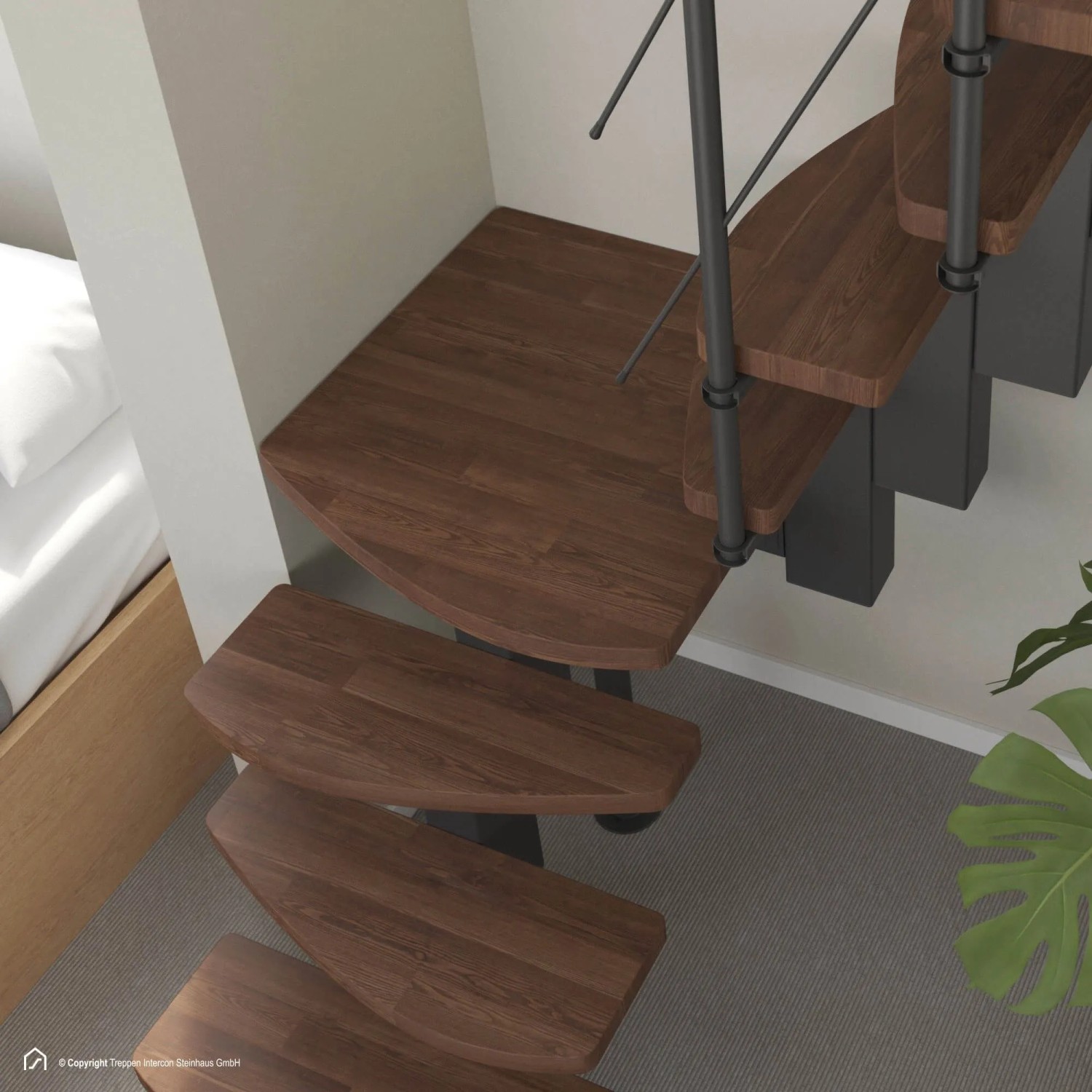 Raumspartreppe Quadro, Buche dunkel, Brillant-Schwarz, mit Geländer. Mittelholmtreppe für Innenräume.