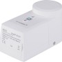 Weißer Homematic IP Türschlossantrieb für Hausautomation mit Tasten zum Verriegeln und Entriegeln.