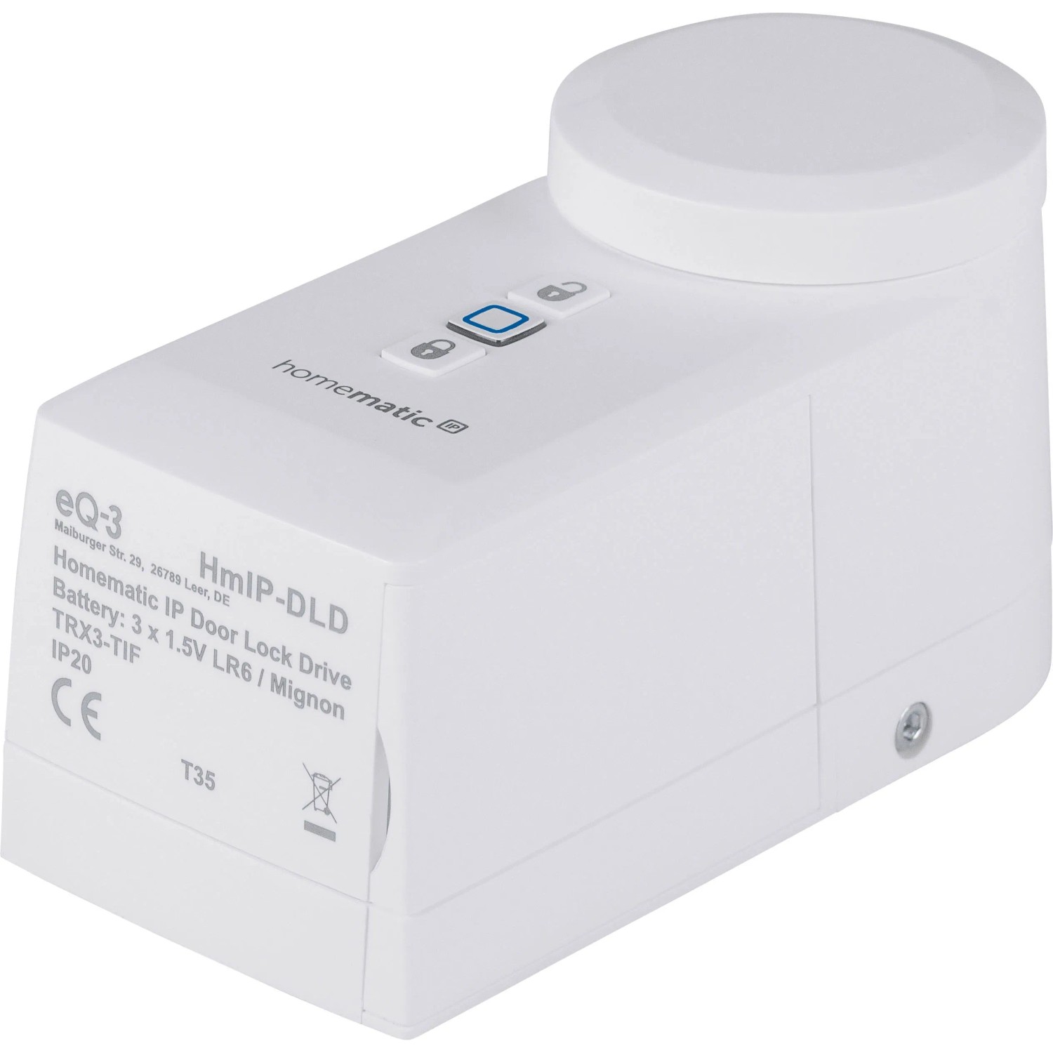 Weißer Homematic IP Türschlossantrieb für Hausautomation mit Tasten zum Verriegeln und Entriegeln.
