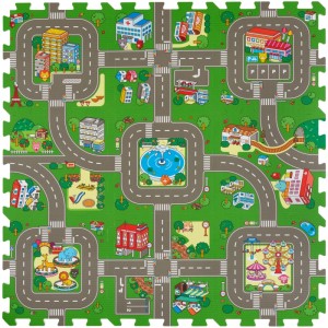 Bunte Tectake Puzzlematte Mycity mit Stadtmotiv, 9-teilig, aus EVA-Schaumstoff.