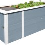 Graues Weka Hochbeet mit Schrank und Bepflanzung. Holz-Hochbeet mit Stauraum für Gartenwerkzeug.