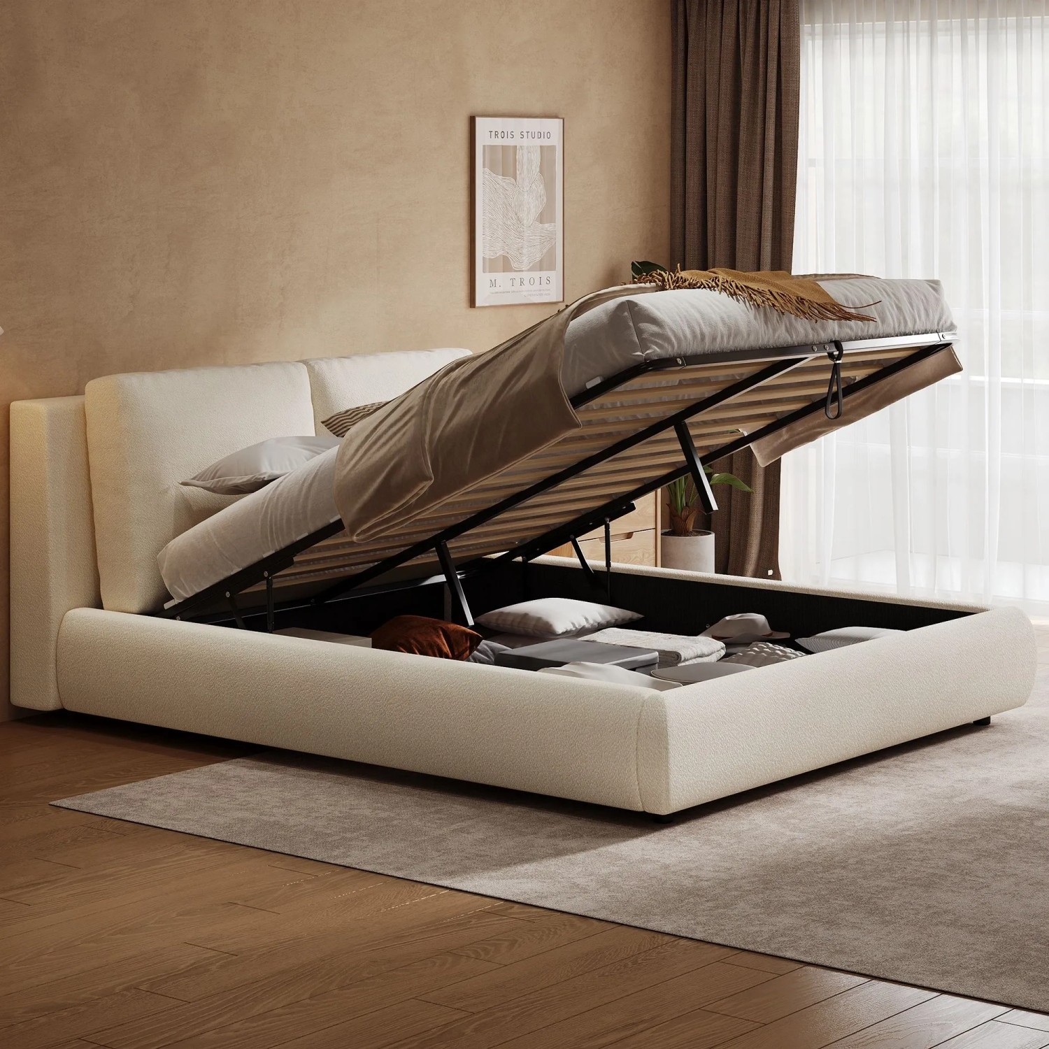 Merax Polsterbett 180 x 200 cm mit Stauraum Lattenrost Bouclé Beige