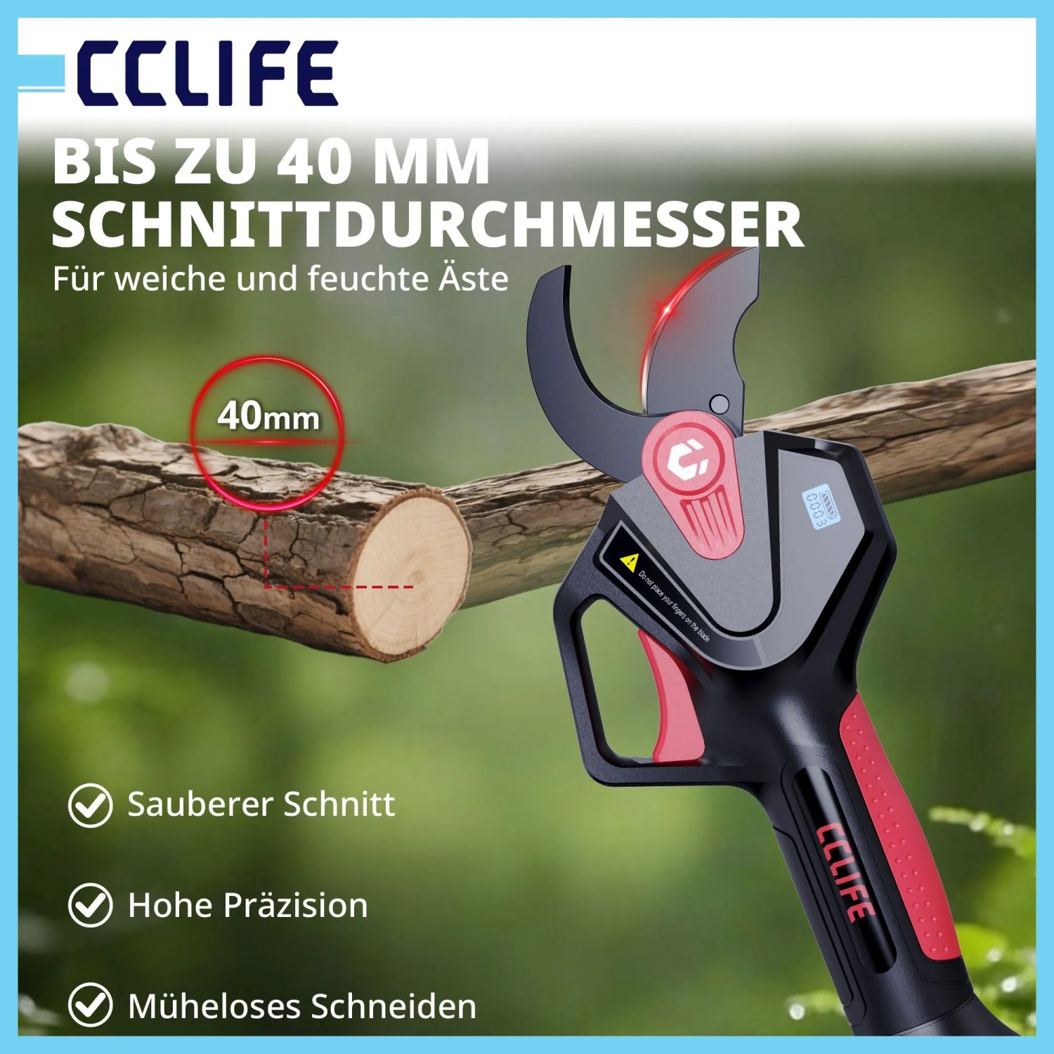 CCLIFE Akku Astschere, schwarz-rot, schneidet 40mm Ast. LCD-Anzeige für präzise Gartenarbeit & Baumpflege.