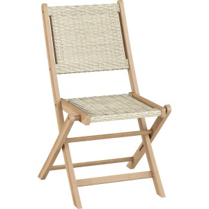 Klappstuhl aus Akazienholz mit Sitzfläche und Rückenlehne aus beigem Polyrattan, Teil des Balkon-Sets Templeton.