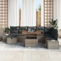 Graues 9-teiliges vidaXL Garten-Sofa-Set aus Rattan mit Kissen und Stauraum.