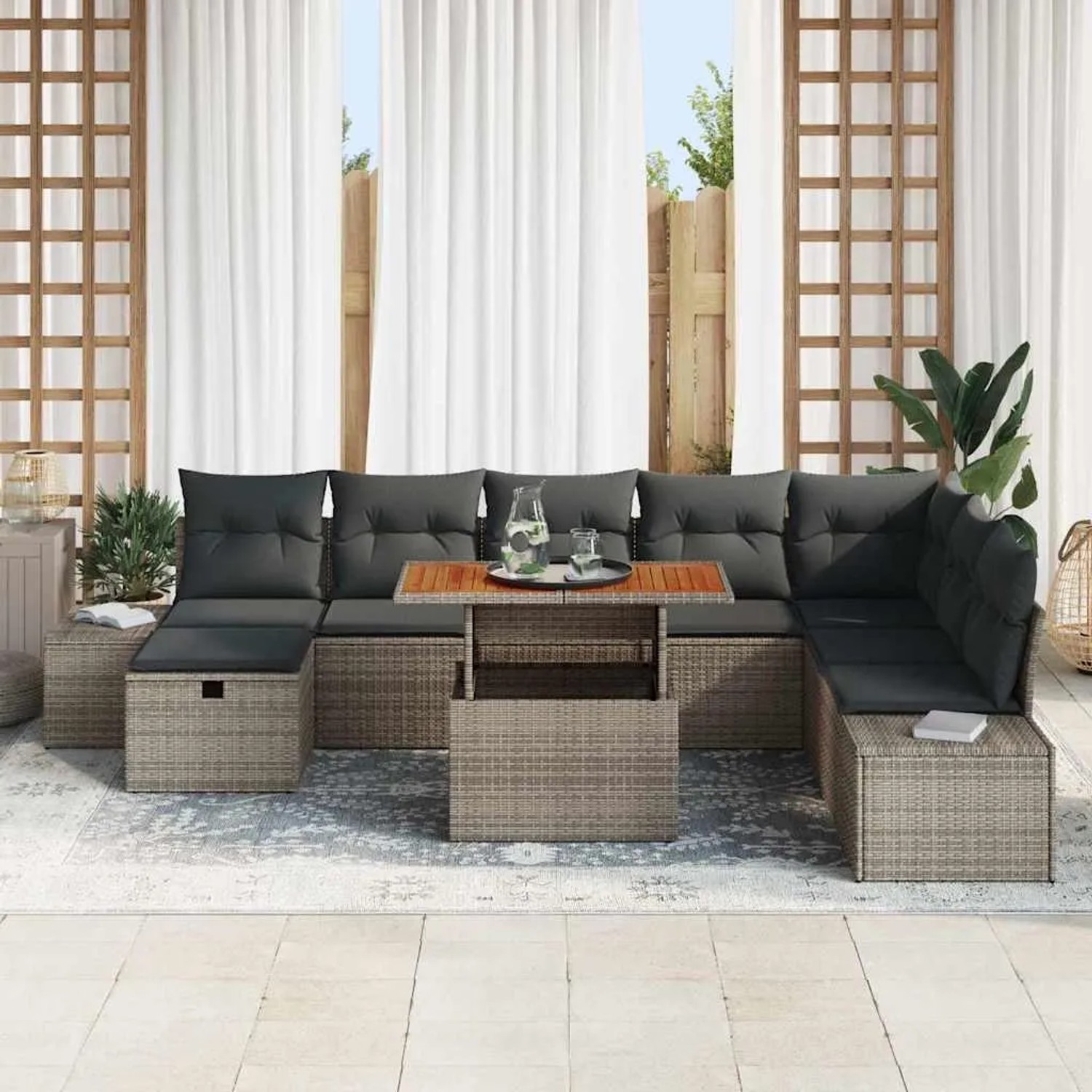 Graues 9-teiliges vidaXL Garten-Sofa-Set aus Rattan mit Kissen und Stauraum.