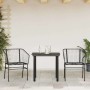 Schwarzes 3-teiliges Garten-Esszimmerset aus Rattan mit Glastisch und zwei Stühlen.