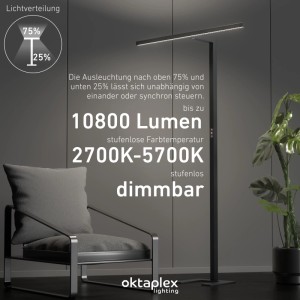 Schwarze, dimmbare Oktaplex Lund LED Stehleuchte mit Sensor, 10800 Lumen, für Büro und Arbeitszimmer.
