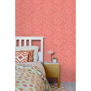 ESTAhome Vliestapete Korallenrot mit Ornamenten. Dekorative Wandgestaltung für stilvolle Schlafzimmer.