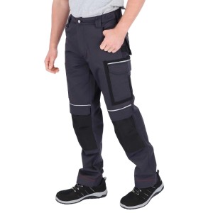 Eliworx Bundhose Workwear, grau, mit Stifttasche, Werkzeugtaschen, Kniepolstern und Reflexstreifen.