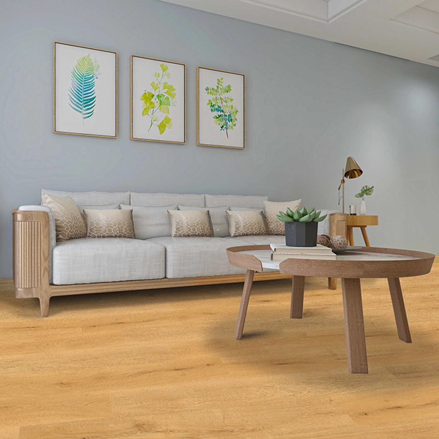 Wohnraum mit Click-Vinylboden Eiche Oxford. Designboden in Holzoptik.