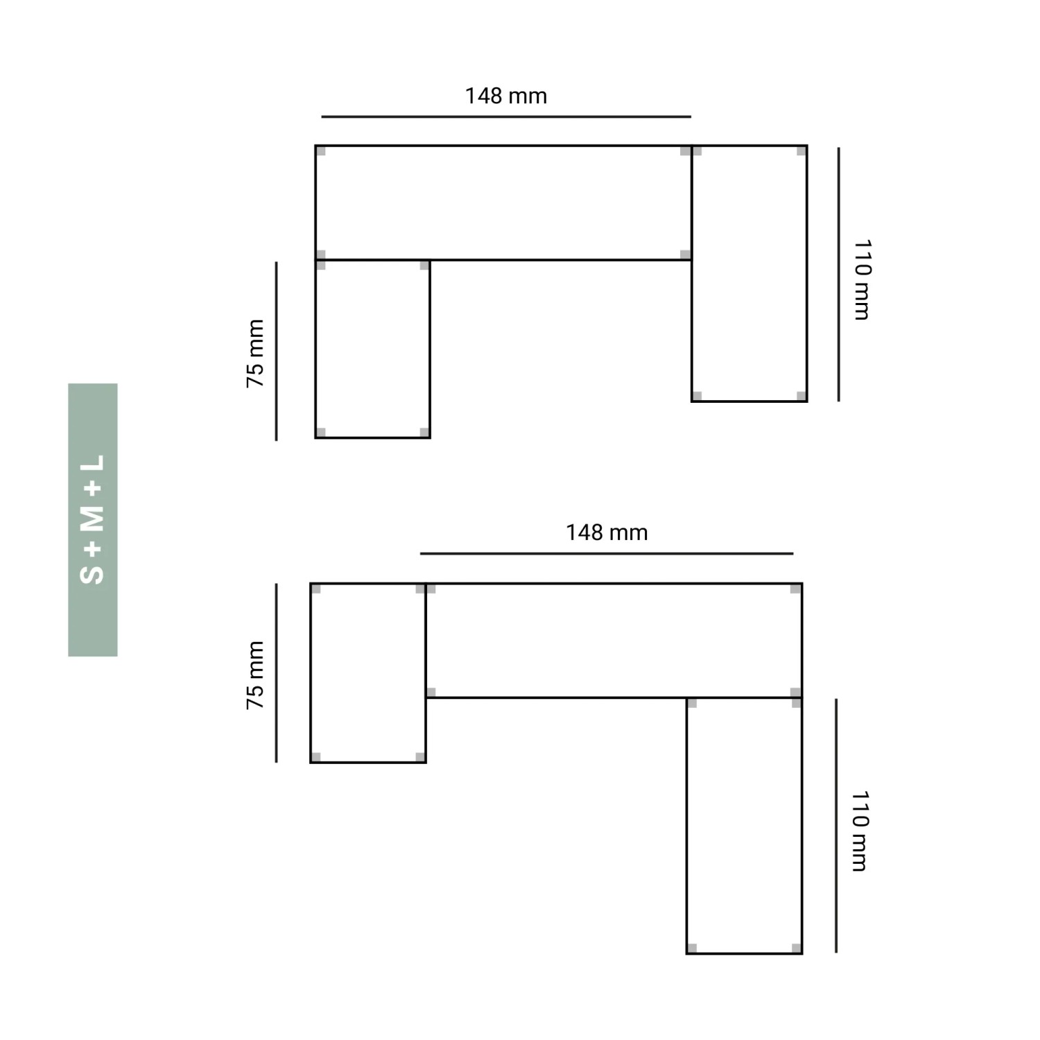 Skizze der modularen Aufbauoptionen für Ar Shelving Gastronorm Lebensmittelregale (S, M, L).
