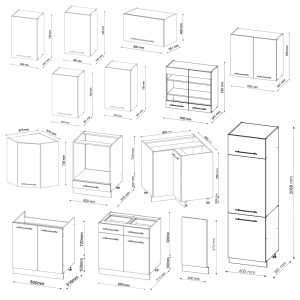 Skizze der Vicco Fame-Line Eckküche in Anthrazit/Eiche mit Maßangaben der einzelnen Elemente.