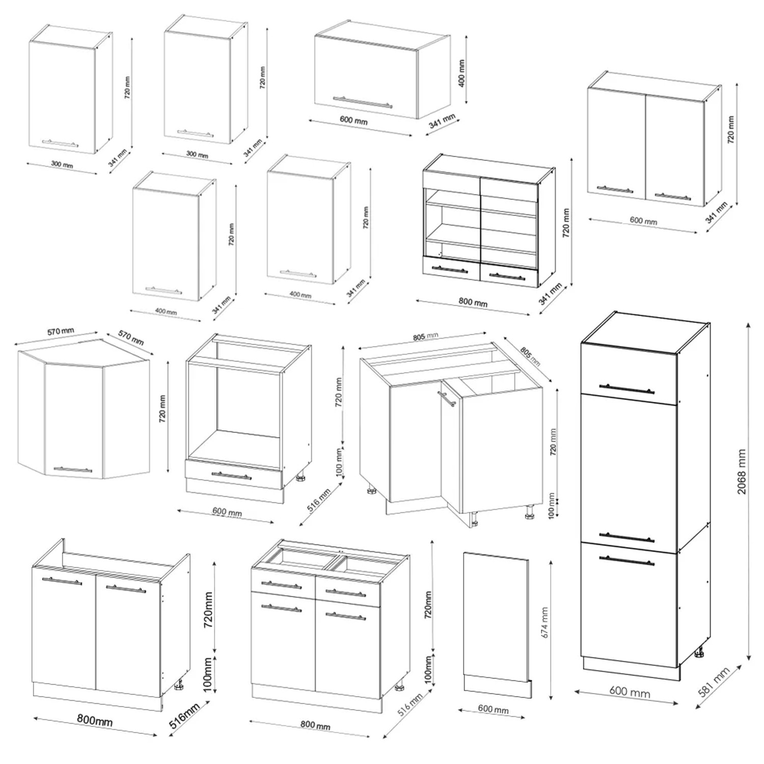 Skizze der Vicco Fame-Line Eckküche in Anthrazit/Eiche mit Maßangaben der einzelnen Elemente.