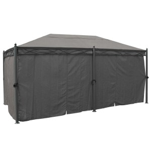 Graue MCW Pergola Calpe 5x3m mit Seitenwand und Moskitonetz für Terrasse.