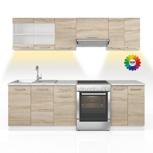 Küchenzeile Raul Sonoma mit Marmor-Arbeitsplatte und LED-Beleuchtung, 240 cm breit.