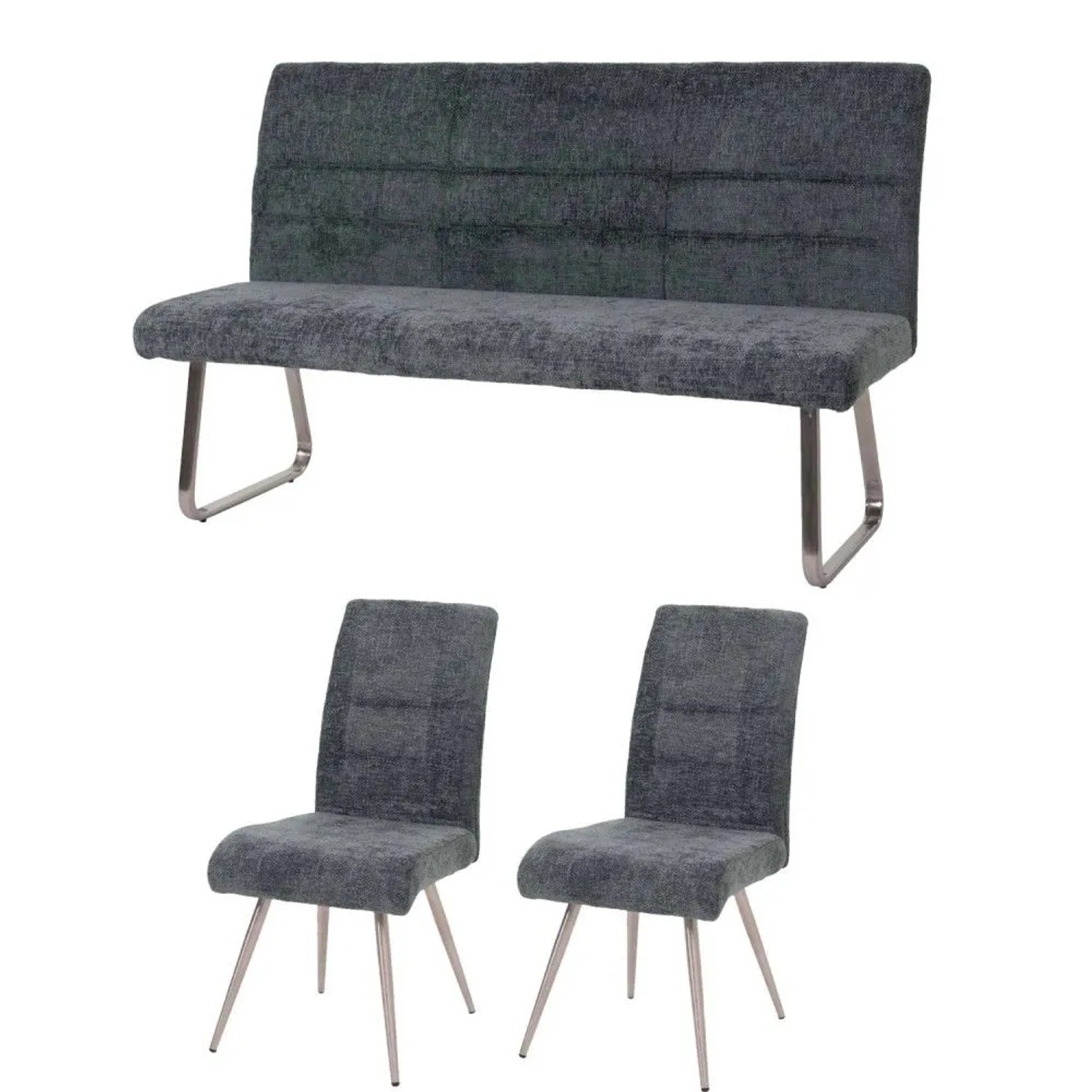 MCW Esszimmer-Set G55  2er-Set Stuhl + Sitzbank 160cm 3-teilig Stoff Chenille Blau-Grün
