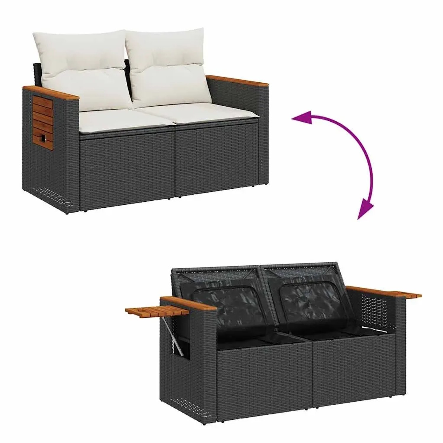 vidaXL 5-Tlg. Garten-Sofagarnitur aus Poly Rattan, schwarz, mit Kissen und Stauraum.