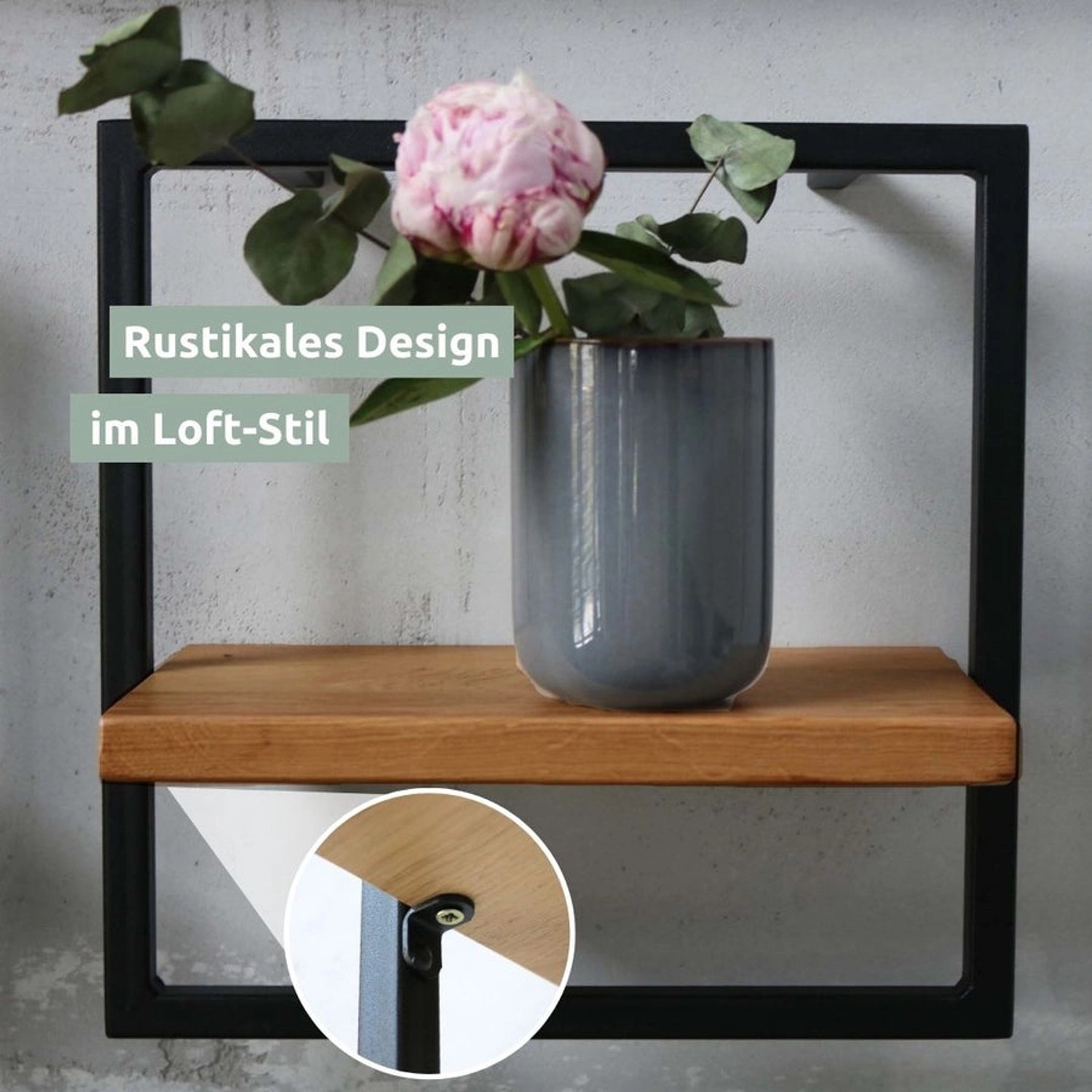 Holz4home Wandregal Small, schwarz gerahmt, Industrial Style. Eichenholz ohne Baumkante.