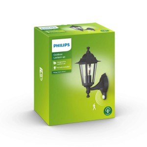 Verpackung der Philips Peking Außenwandleuchte in Schwarz/Edelstahl, klassisches Design mit Tag/Nacht-Sensor.
