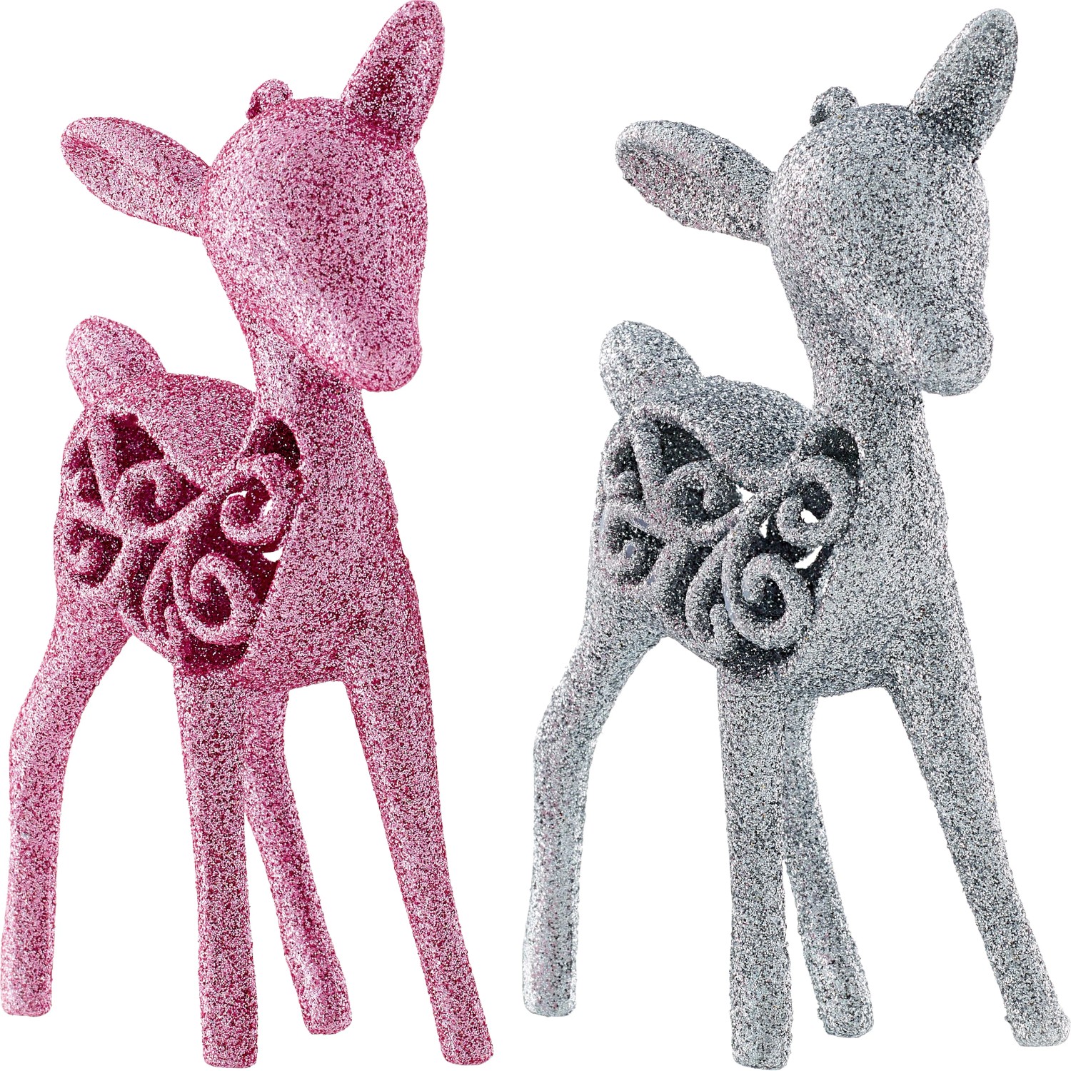 Baumschmuck-Set: 4 glitzernde Rentiere in Pink und Silber mit Lochmuster.