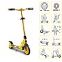 Gelber Six Degrees Junior Scooter aus Aluminium mit Klappmechanismus und Ständer.