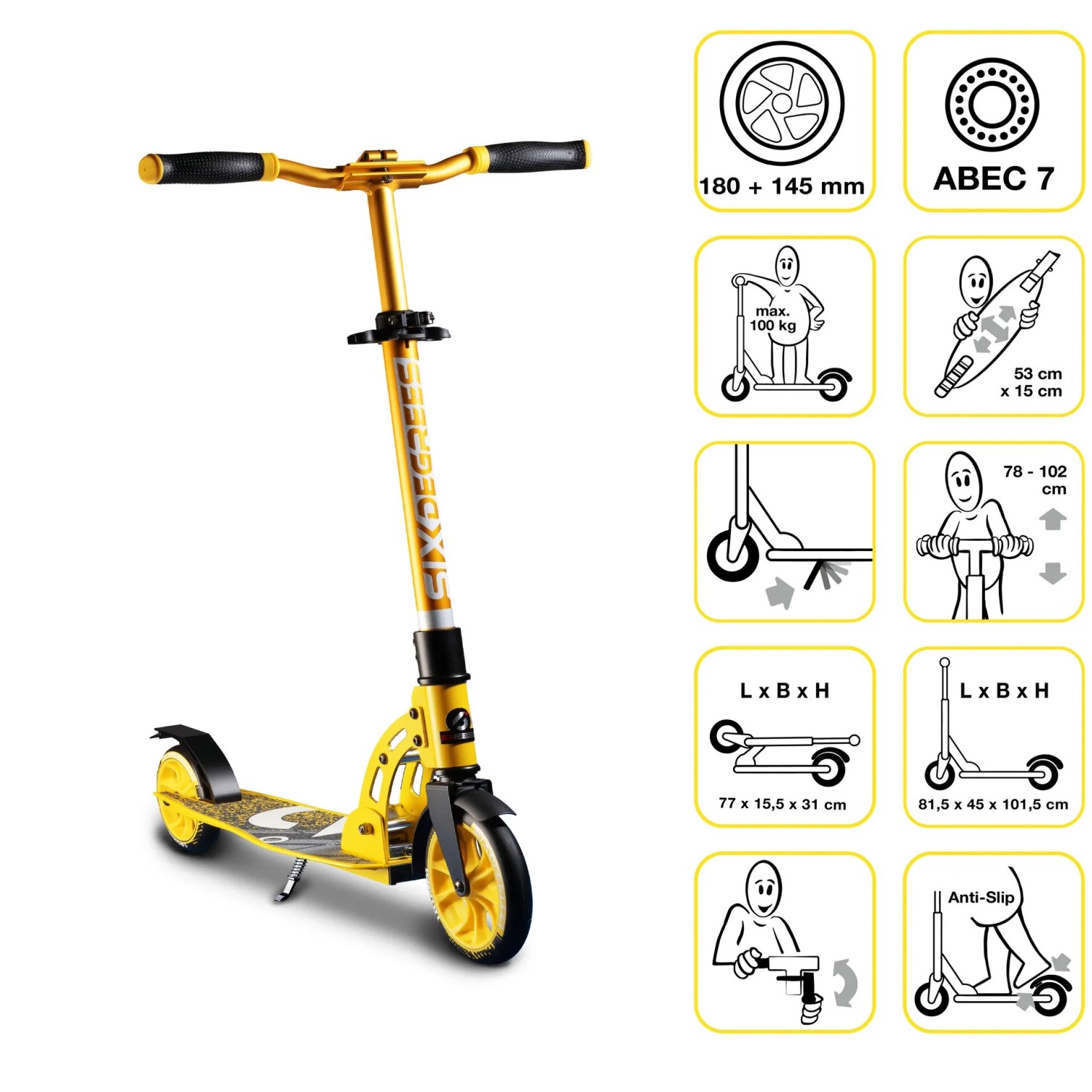 Gelber Six Degrees Junior Scooter aus Aluminium mit Klappmechanismus und Ständer.