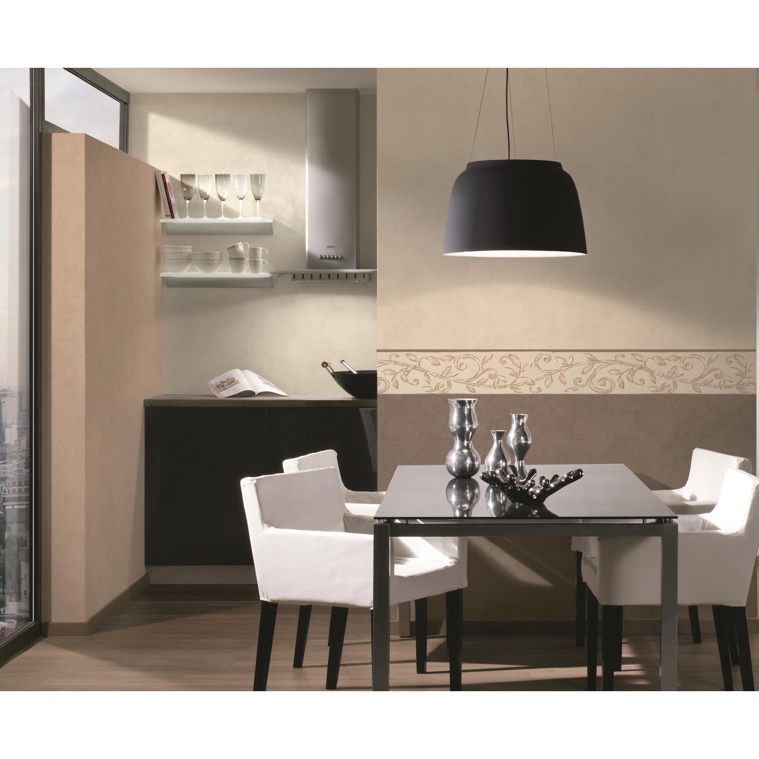 A.S. Creation Vliestapete Creme Beige mit floralem Muster in Wohnraum.