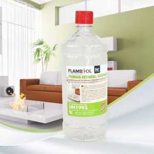 1l Flambiol Premium Brenngel für Kamine und Stövchen, klare Flasche mit rotem Deckel.